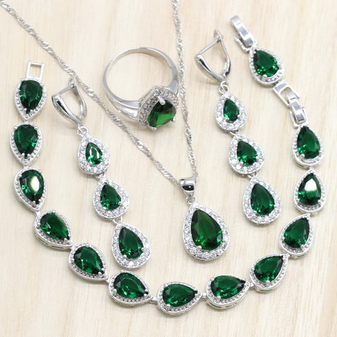 925 Sterling Silver Jewelry Sets Green Cubic Zircon Long Earrings/Pendant/Necklace/Ring Heart Bracelet for women Free Gift Box